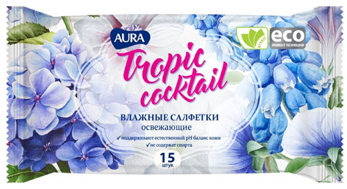 Салфетки влажные 15шт AURA TROPIC COCKTAIL антибактериальные