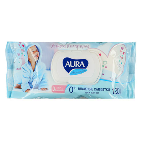 Салфетки влажные 120шт детские AURA ULTRA COMFORT с экст алоэ и вит Е                                                                                                                                                                                     