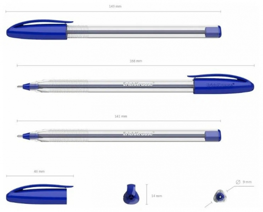 Ручка шариковая синяя, 1.0мм, прозрачный корпус, пластик                                                                                                                                                                                                  